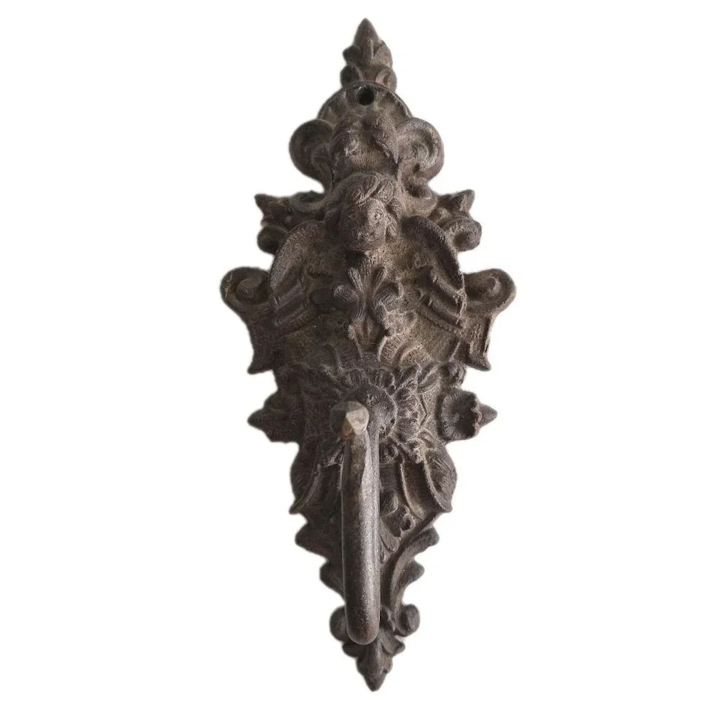 Antique Baroque Victorian Cherub Angel Wall Mount Coat Hook Ornate. Cast Iron.